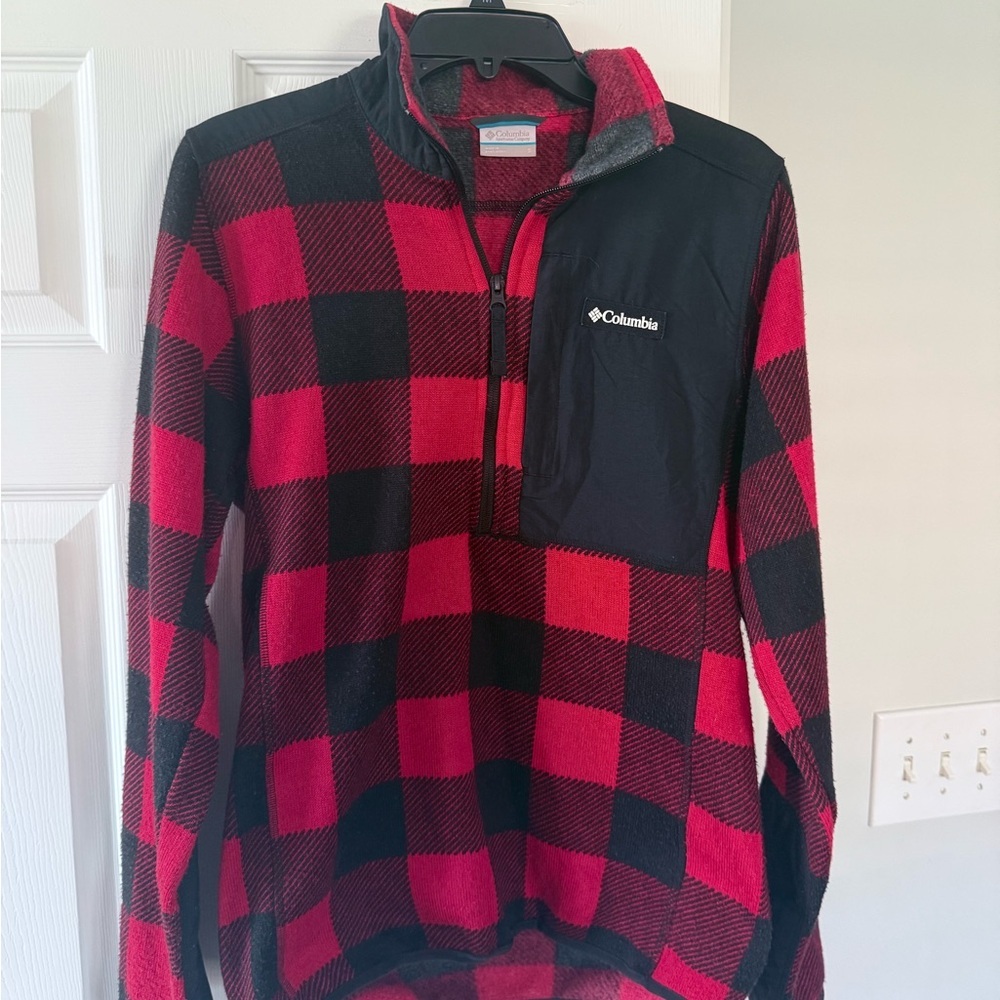 Columbia Men's Red and Black Checkered Zip-Up Sweater